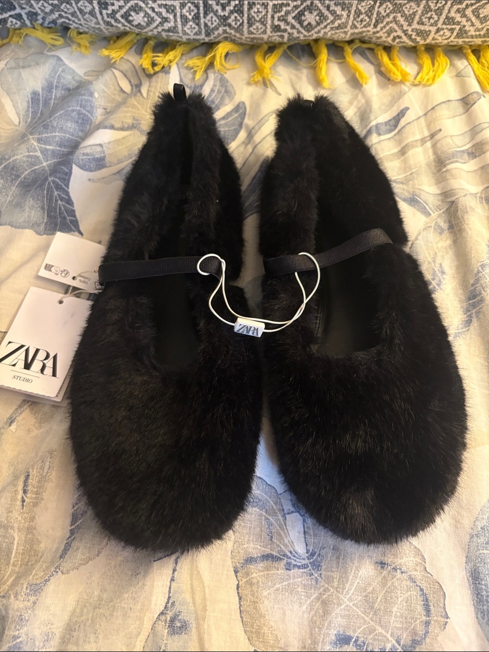 Zara Black Faux Fur Slip-On Ballet Loafers